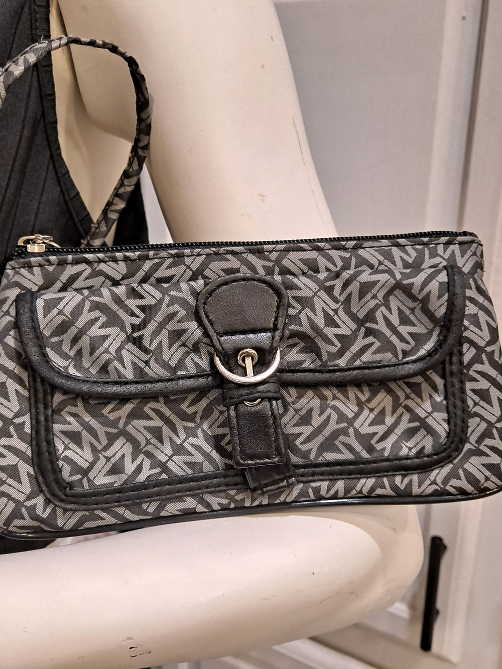 Jones New York Gray Logo Patterned Wristlet Phone Clutch with Black Trim